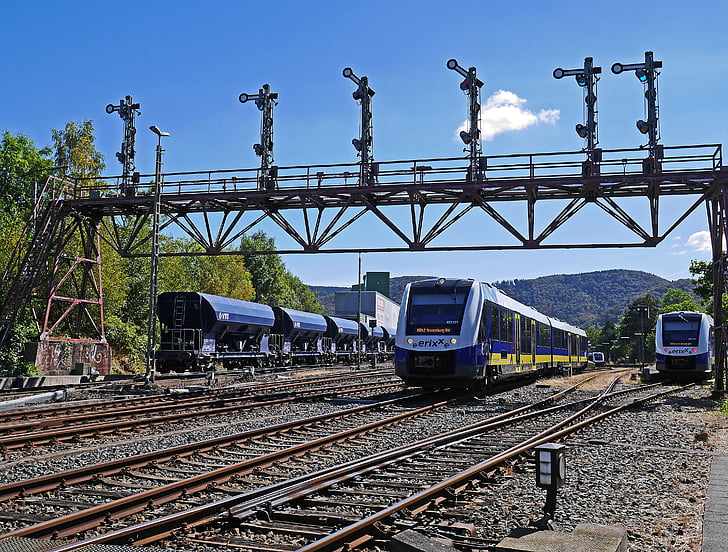 vasúti, gleise, Gantry, Bad harzburg, állomás kijárati, műemléki, dízel motorkocsi