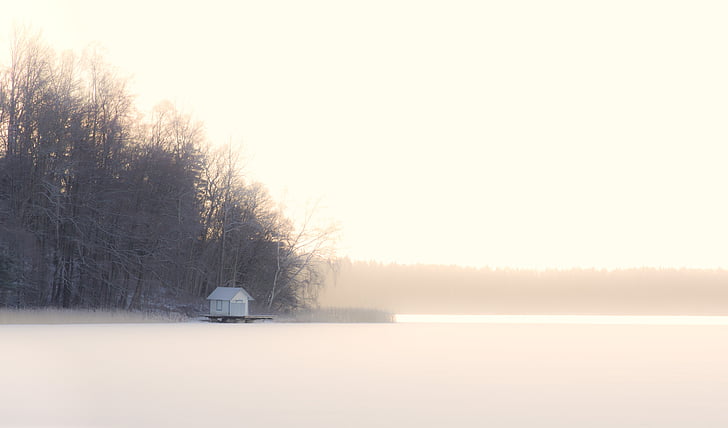 sea, ice, nature, frost, dis, mist, small cottage