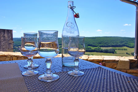 vidrio, paisaje, botella, agua, tabla, al aire libre