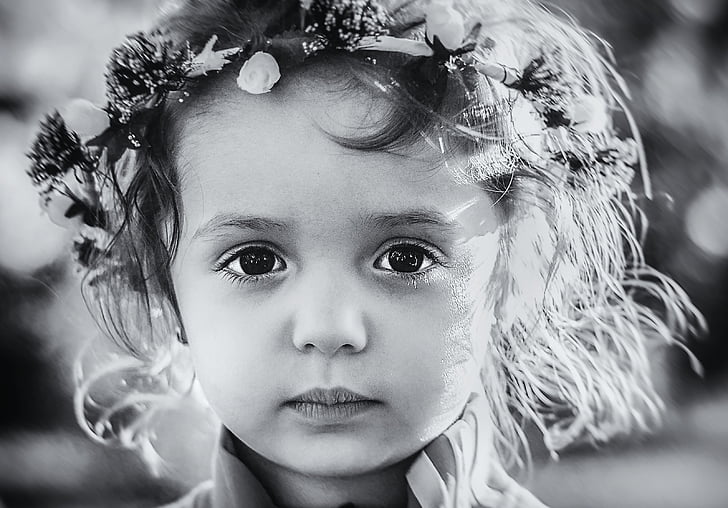 u sivim tonovima, Foto, dijete, nosi, cvijet, traka za kosu, dječak