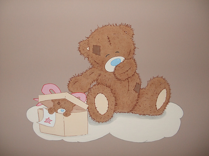 muurschildering, pluchen teddybeer, wanddecoratie, illustratie, vector, Teddybeer, schattig