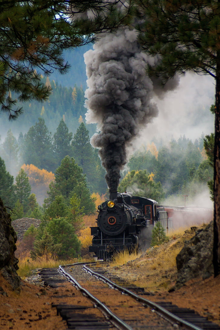 vlak, parný stroj, motor, dym, železničnej trate, železnice, lokomotíva
