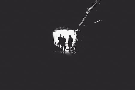 black-and-white, dark, light, men, people, tunnel, silhouette