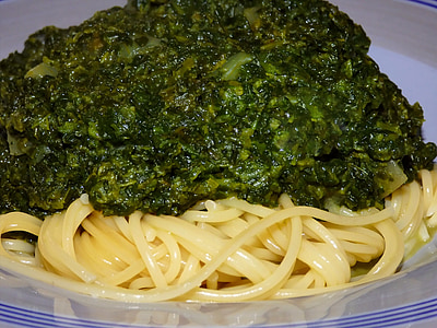 spagetti, spinach, noodles, eat, food, pasta, carbohydrates