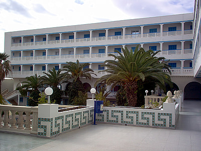 Hotel, Palmové stromy, Hammametu, Tunisko, Tuniská republika