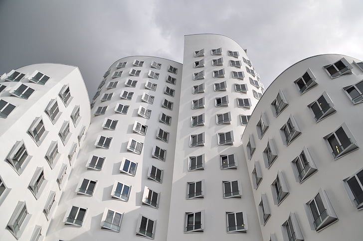 Gehry épületek, Düsseldorf, Media harbour, építészet, homlokzat, Gehry, modern