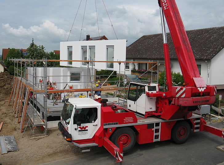 house construction, new building, site, scaffold, construction workers, build, iron