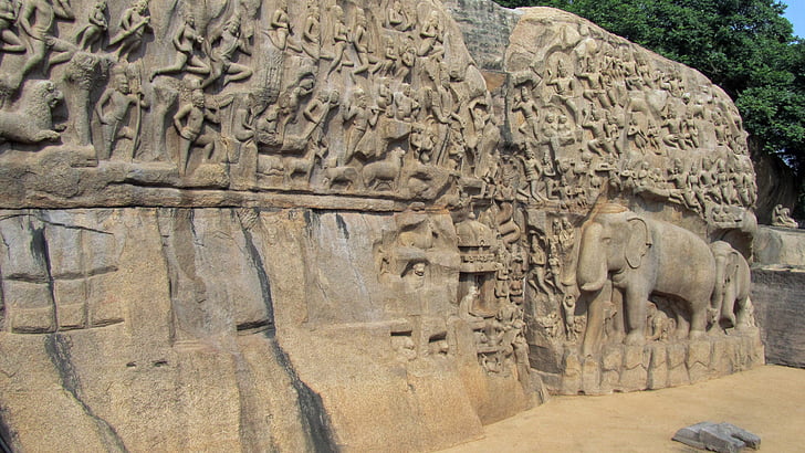mahapalipuram, Indien, lättnad, mammalapuram, nedstigningen av ganga, granit