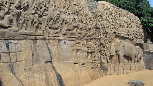 mahapalipuram, Indien, relief, mammalapuram, nedstigningen af ganga, granit