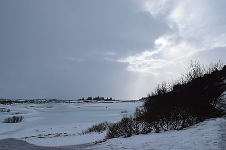 Islandija, sniego, kraštovaizdžio, Saulė lūžio, debesys, žiemą, Gamta