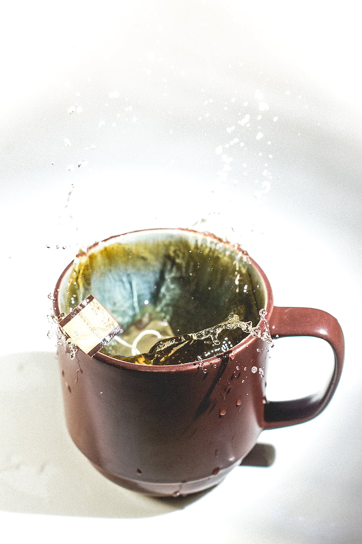 cup, drink, mug, splash, tea, tea bag