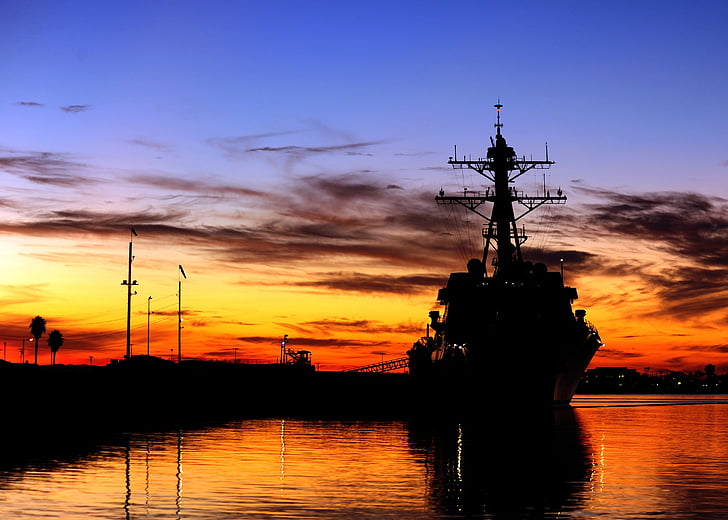 Каліфорнія, небо, хмари, Захід сонця, Схід сонця, корабель, військово-морські сили