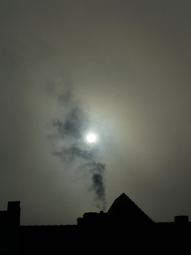 дим, мъгла, безцветен, торова течност, слънце, затъмнени, нощ
