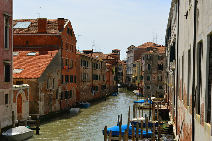 csónakok, csatorna, város, Európa, Olaszország, Velence