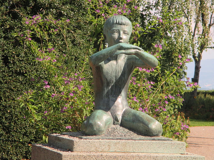 skulptur, knælende, Dreng, Bronze, figur, kunst, form