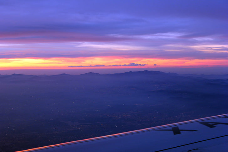 Alba, avió, horitzó, cel, aeronaus, núvols, blau