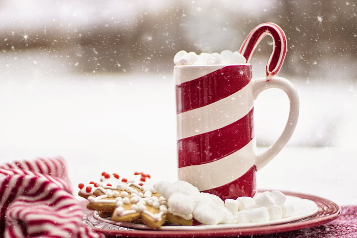 Kakao, heiße Schokolade, Zuckerstange, Becher, Schnee, Urlaub, trinken