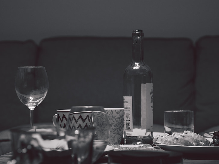 table, party, dishes, bottle, glass, wine, food