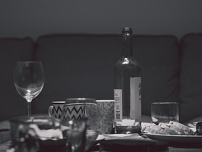 Tabelle, Partei, Gerichte, Flasche, Glas, Wein, Essen