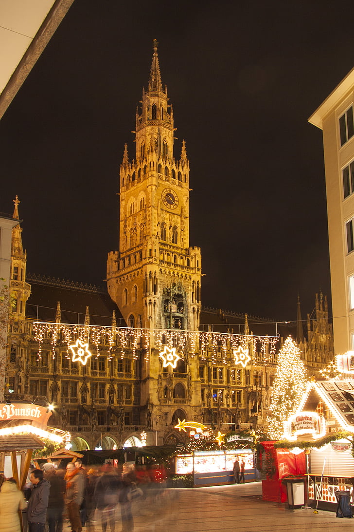 kaupungintalo, Gothic, Neo-gothic, München, Marienplatz, joulu loistoa, ostokset