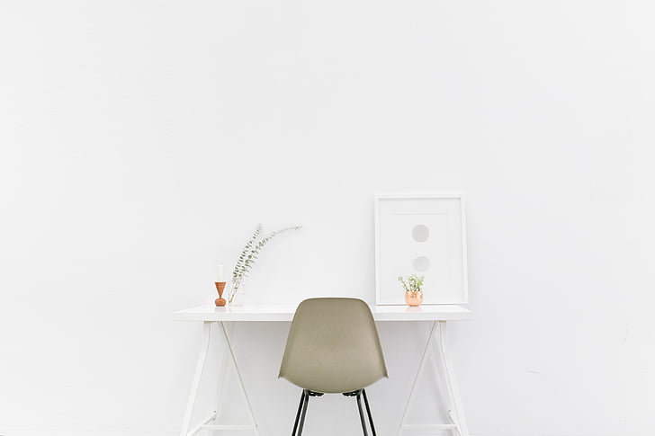 rectangular, white, wooden, table, chair, placed, near