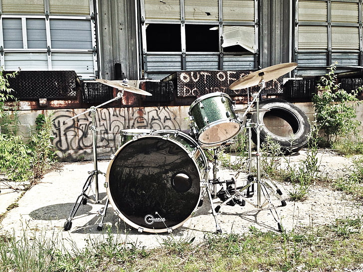 música, bateria, velho, abandonado, grunge, musical, instrumento