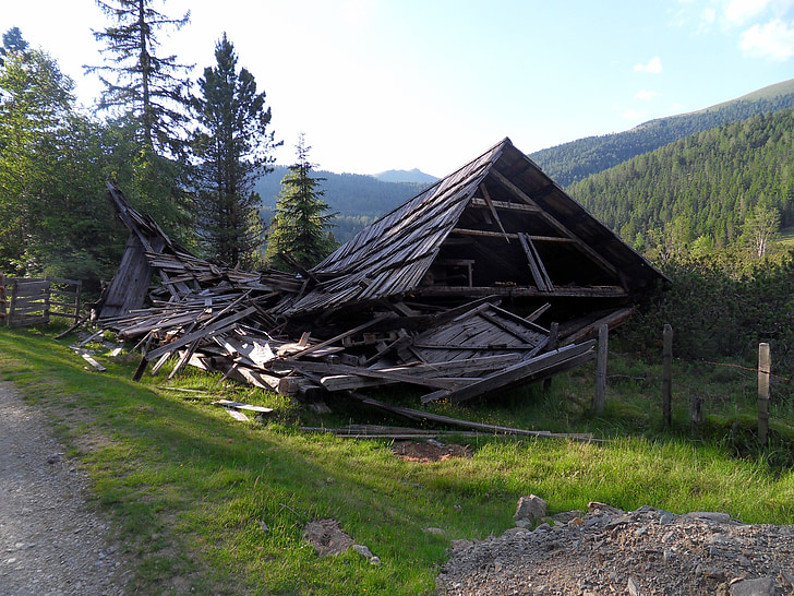 house crash, broken, shed, wooden, damage, austria, nockberge