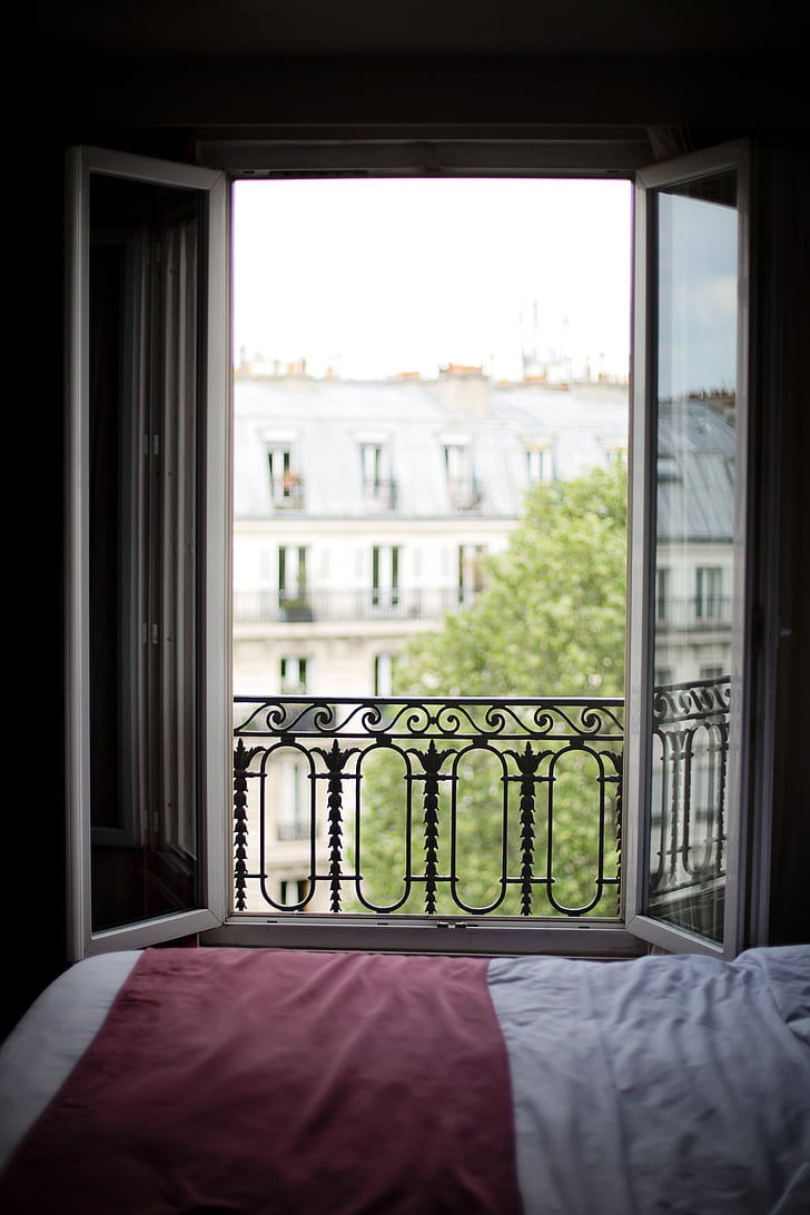 bedroom window, france, interior, paris, europe, bed, hotel