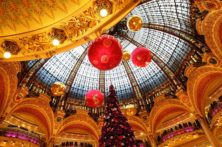 Párizs, La fayette, áruház, Franciaország, Karácsony, üzletsor, Lafayette