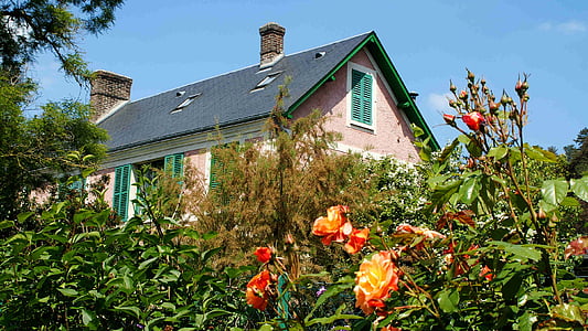 Casa, Gable, telhado, França, Giverny, Claude monet, rosas