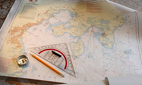 Maritim, navigatie, grafiek, kompas, gradenboog, liniaal, potlood