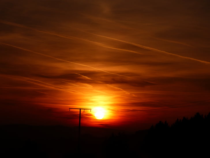 sunset, setting sun, evening, luxembourg, pintsch, utility pole