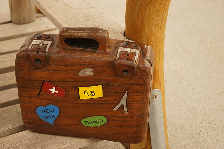 luggage, wooden case, colorful, brown