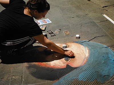 painting on the ground, chalk, woman, artist, street art