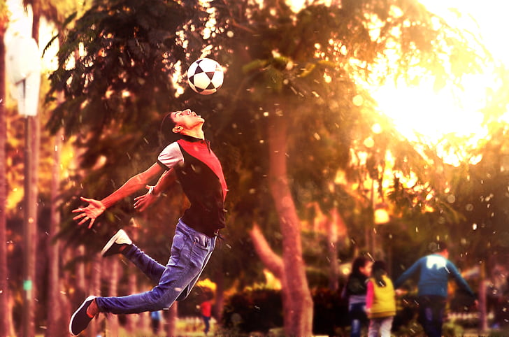 fotball, fotball, gutt, spilleren, hoppe, bevegelse, soccerball