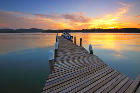 boat, dawn, dock, dusk, jetty, lake, pier