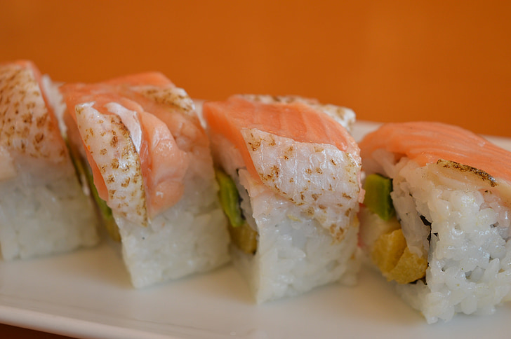 Sushi, zalm, schaal-en schelpdieren, vis, Japans, voedsel, maaltijd