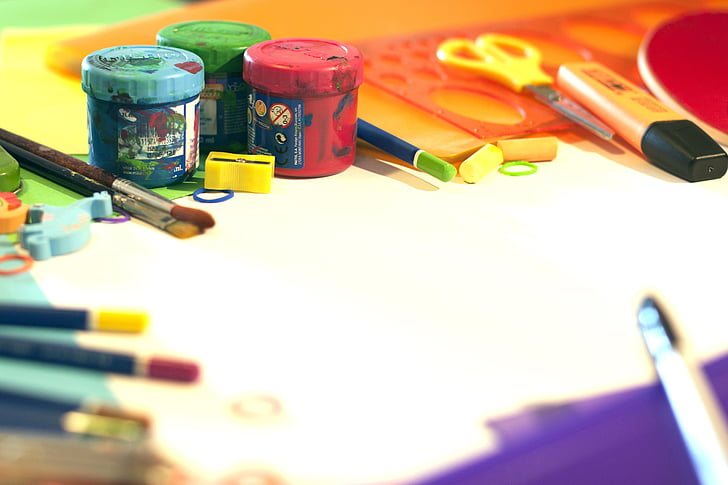 School forbruksartikler, farge, plast, maleri, tempera, skolen, flerfargede
