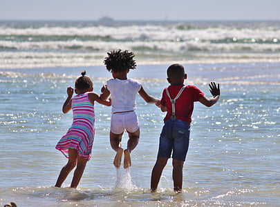 children, beach, sea, ocean, jump, wave, fun