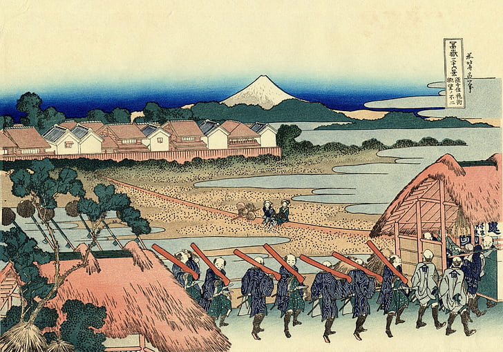 japansk, landsbyen, folk, landlig, Mount fuji, vulkanen, maleri