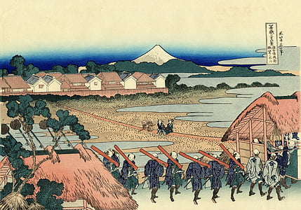 Japāņu, ciems, cilvēki, lauku, Mount fuji, vulkāns, glezniecība