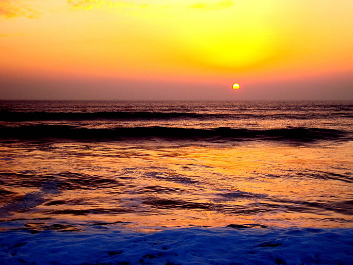sunset, ocean, sea, water, waves, coastline, evening
