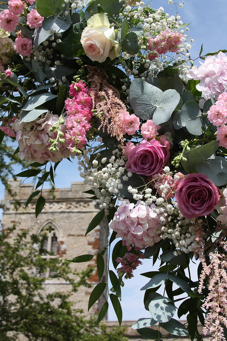 flowers, wedding, church, wedding flowers, rose, white, pink