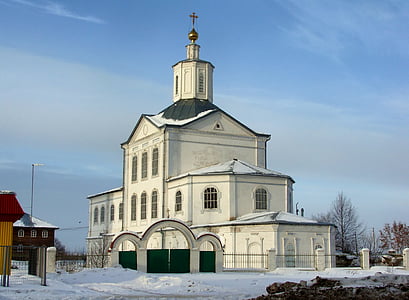 Rosja, Kościół, Architektura, śnieg, zimowe, niebo, chmury