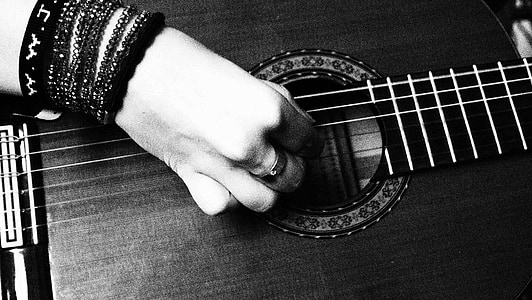 svart vit, hand, gitarr, musik, kvinna, lycka till, Joy