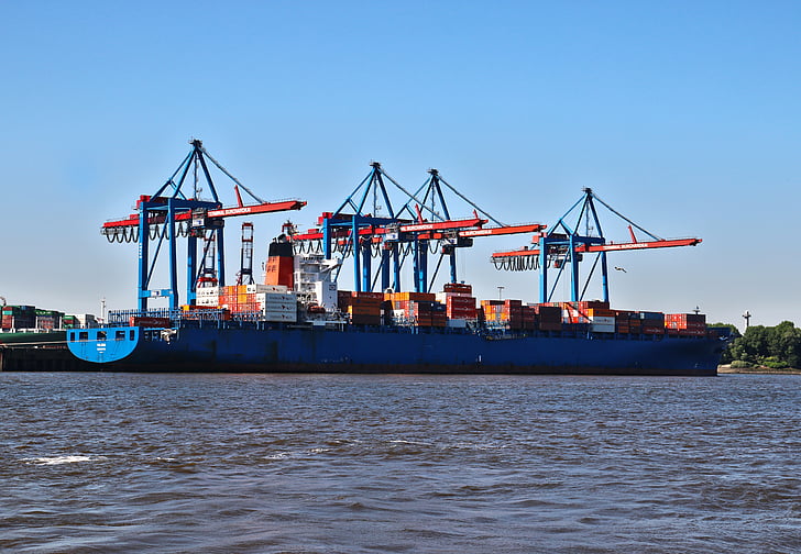 container, ship, cranes, cargo, freighter, port, hamburg