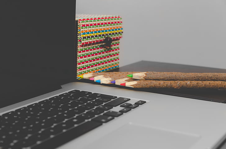 blur, close-up, colored pencils, coloured pencils, computer, desk, display
