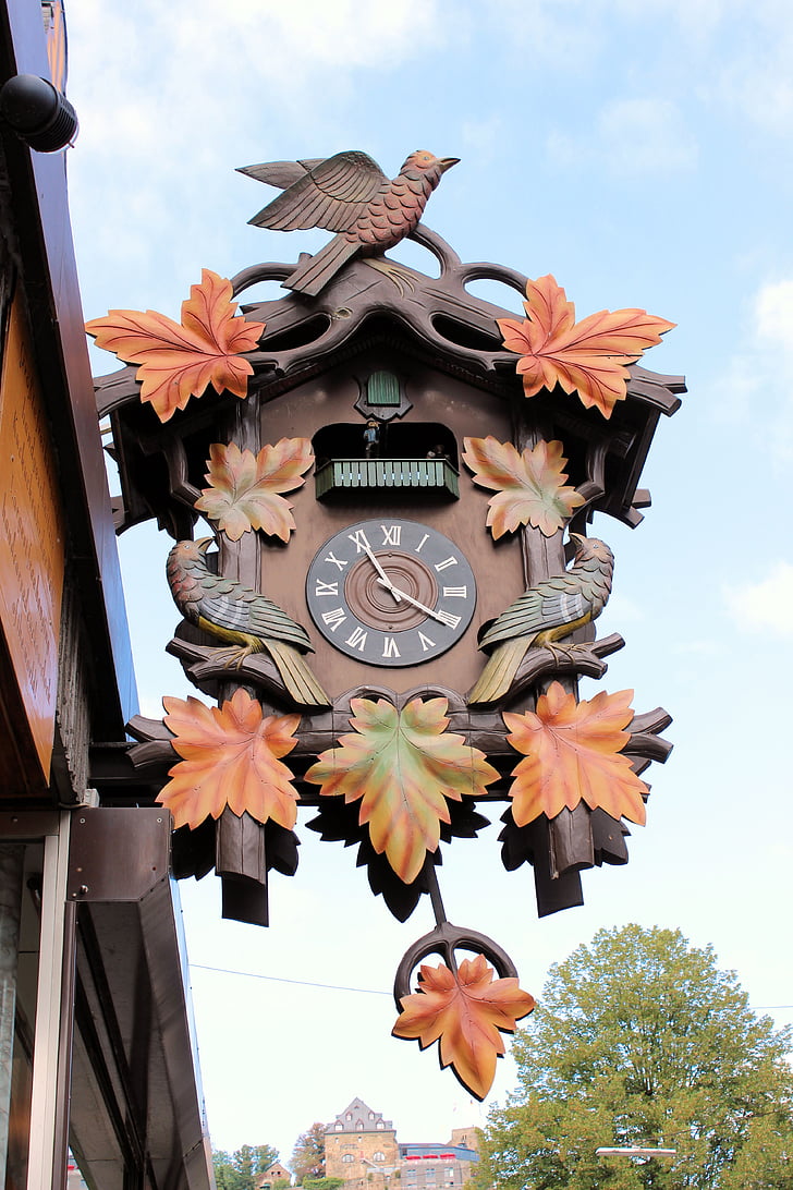 cuckoo clock, shield, advertising watchmaker, time, clock, outdoor, sign