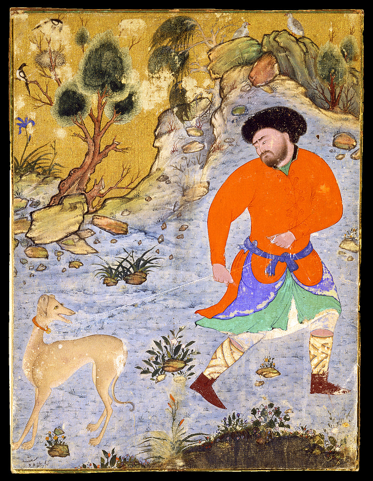 målning, ritning, mannen, hund, saluki, islam