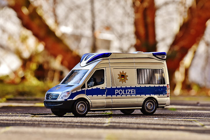 coche de policía, autobús del equipo, policía, luz azul, juguetes, Mercedes, Automático